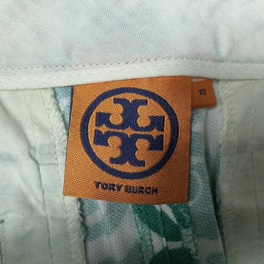 Tory Burch Size 10 Green White Floral Print Straight Leg Pants Cotton Stretch